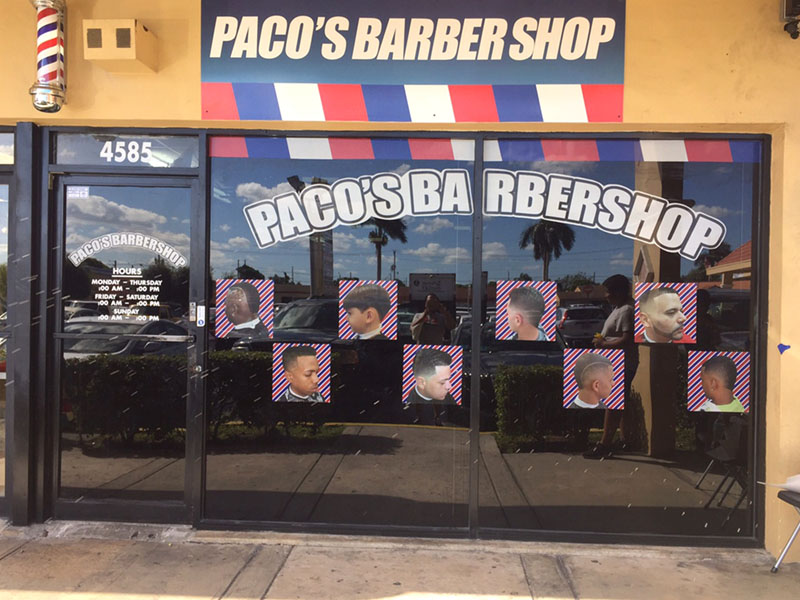 Paco's barber shop front-Store windows microperfored